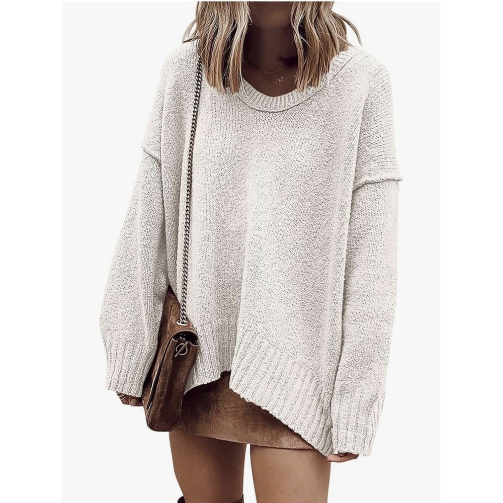 NEW Women's Anrabees Oversized Slouchy Casual Ivory V Neck LS Sweater Small